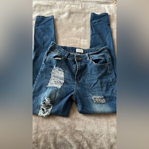 Gogo Jeans Skinny Distressed Medium Wash Denim Jeans Blue Button Zip Women's